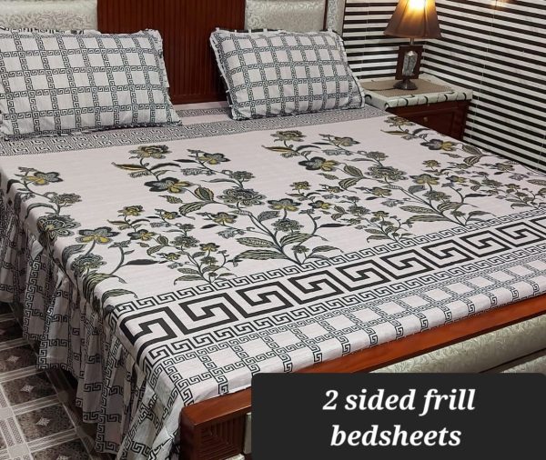 Patchwork Cotton Bedsheet Set – 3 Pc with Frill (King Size) - Image 7